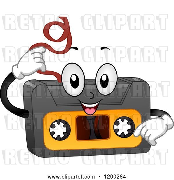Vector Clip Art of Retro Happy Cartoon Cassette Tape Mascot Pulling out Its Insides