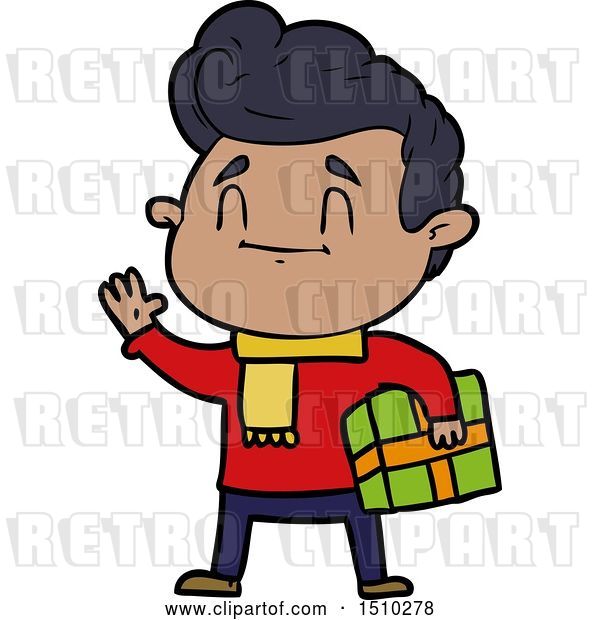 Vector Clip Art of Retro Happy Cartoon Guy with Gift