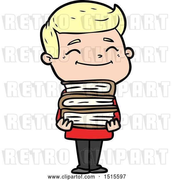 Vector Clip Art of Retro Happy Cartoon Guy with Stack of Books