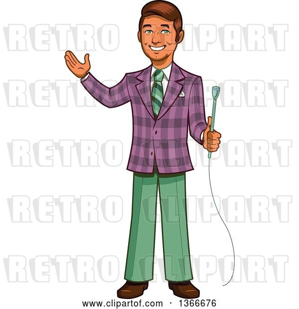 Vector Clip Art of Retro Happy Cartoon Male Game Show Host Holding a Microphone and Presenting