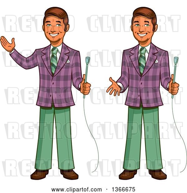 Vector Clip Art of Retro Happy Cartoon Male Game Show Host Shown Holding a Microphone, Gesturing and Presenting