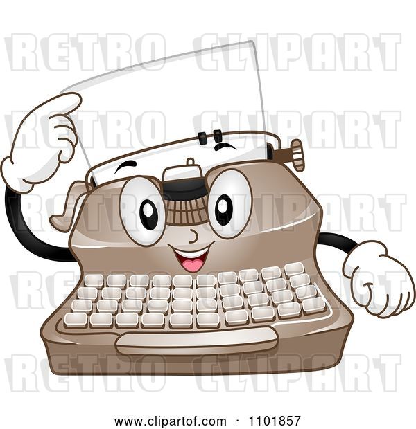 Vector Clip Art of Retro Happy Cartoon Typewriter Pointing to a Page