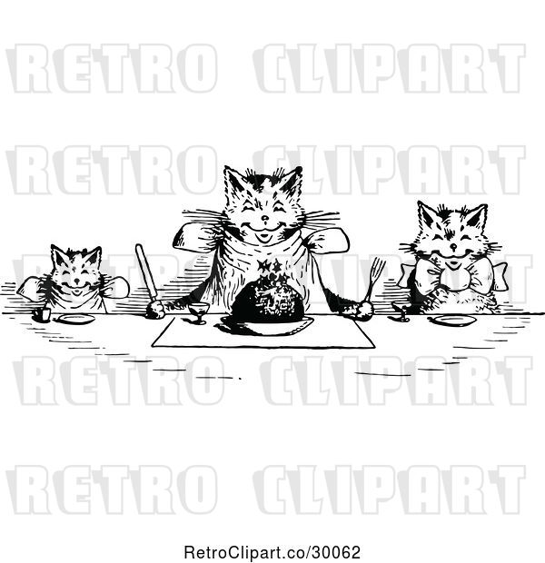 Vector Clip Art of Retro Happy Cats Eating at a Table