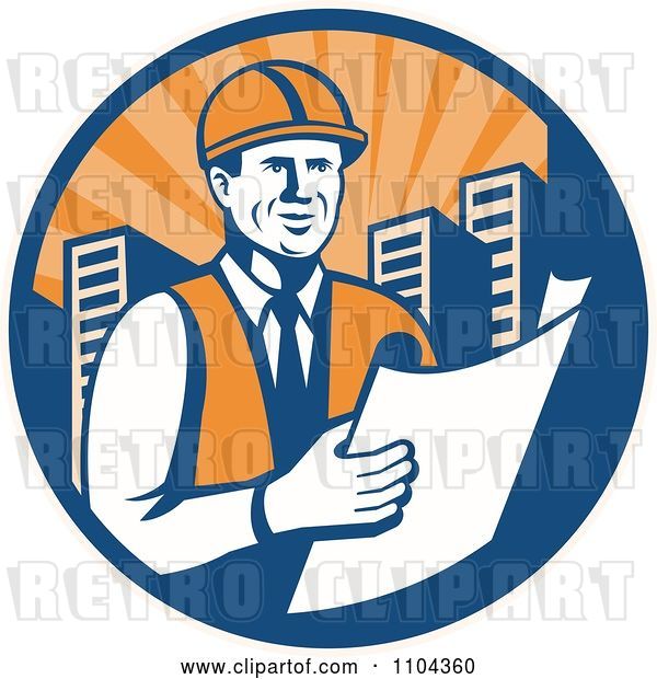Vector Clip Art of Retro Happy Construction Engineer Reading Blueprints in a City Circle