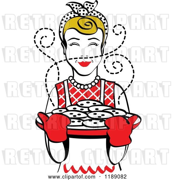 Vector Clip Art of Retro Happy Dirty Blond Housewife Holding Freshly Baked Cookies 2
