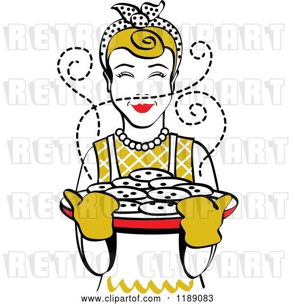 Vector Clip Art of Retro Happy Dirty Blond Housewife Holding Freshly Baked Cookies