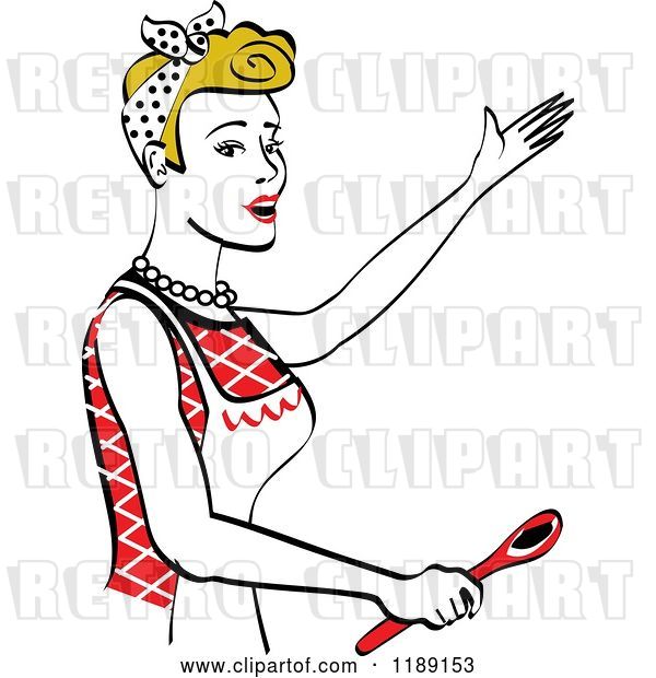 Vector Clip Art of Retro Happy Dirty Blond Housewife Singing and Holding a Spoon in the Kitchen