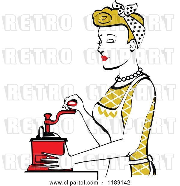 Vector Clip Art of Retro Happy Dirty Blond Housewife Using a Manual Coffee Grinder in Profile 2