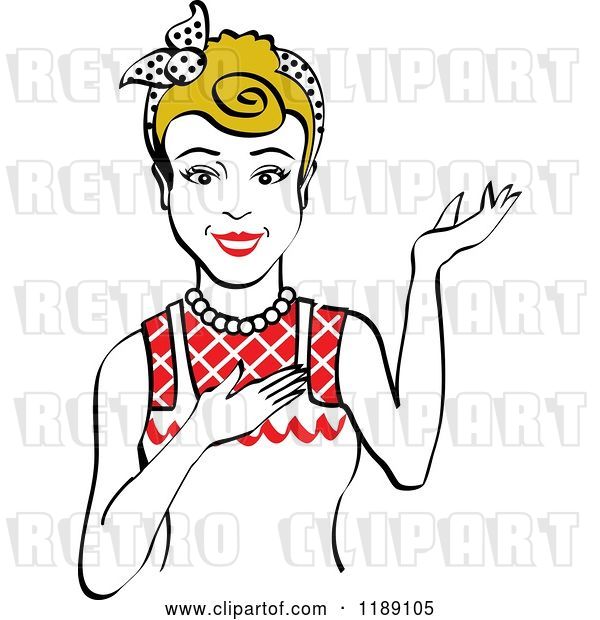 Vector Clip Art of Retro Happy Dirty Blond Housewife, Waitress or Maid Lady Wearing an Apron and Presenting 2