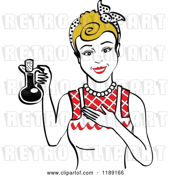 Vector Clip Art of Retro Happy Dirty Blond Lady in an Apron, Holding up a Bottle of Cooking Oil 2