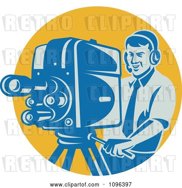 Vector Clip Art of Retro Happy Film Crew Cameraman Adjusting His Equipment over a Yellow Circle