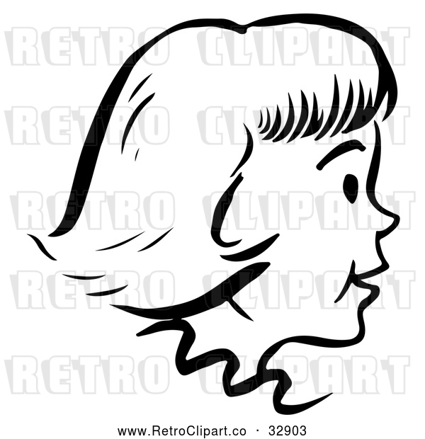 Vector Clip Art of Retro Happy Girl in Profile in Black and White