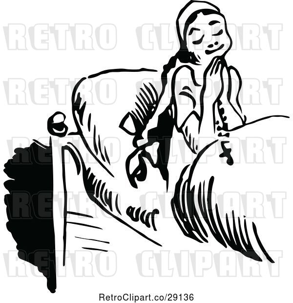 Vector Clip Art of Retro Happy Girl Praying Before Bed