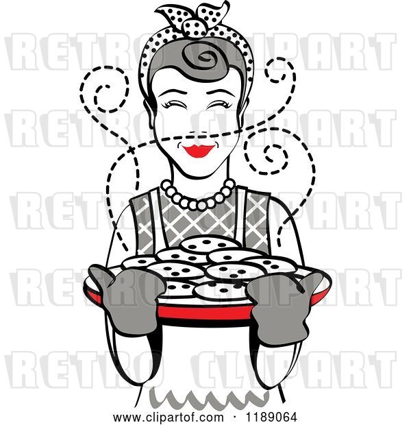 Vector Clip Art of Retro Happy Gray Haired Housewife Holding Freshly Baked Cookies