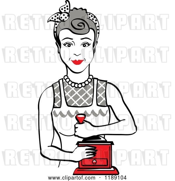 Vector Clip Art of Retro Happy Gray Haired Housewife Using a Manual Coffee Grinder