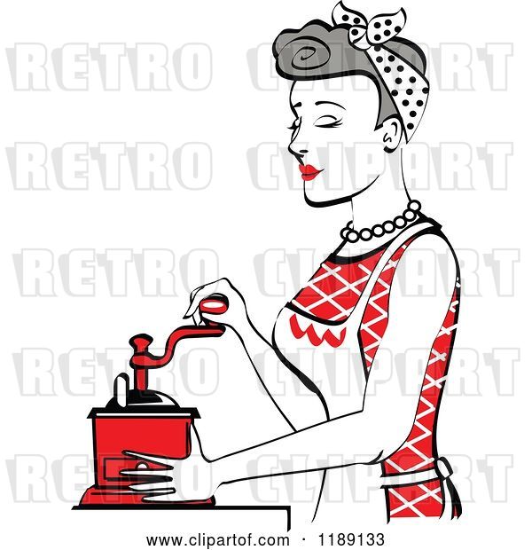 Vector Clip Art of Retro Happy Gray Haired Housewife Using a Manual Coffee Grinder in Profile 2