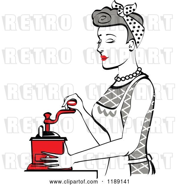 Vector Clip Art of Retro Happy Gray Haired Housewife Using a Manual Coffee Grinder in Profile