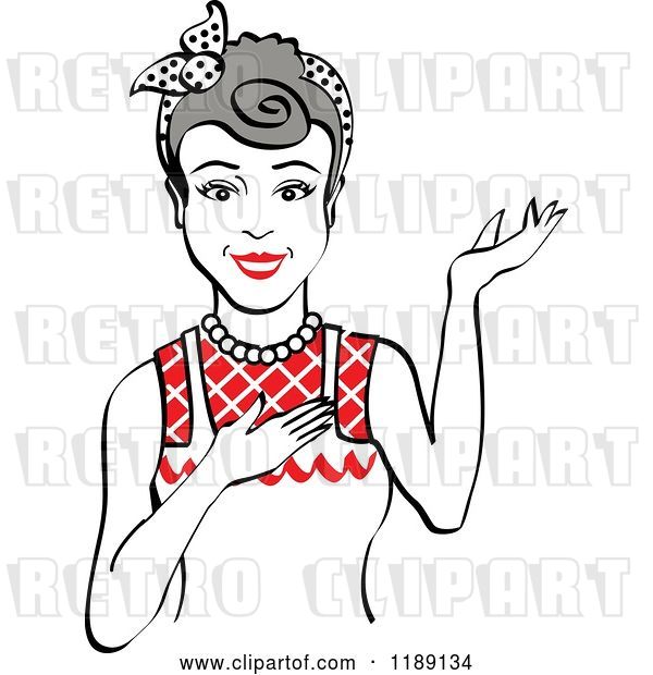 Vector Clip Art of Retro Happy Gray Haired Housewife, Waitress or Maid Lady Wearing an Apron and Presenting 2