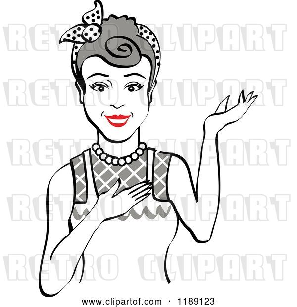 Vector Clip Art of Retro Happy Gray Haired Housewife, Waitress or Maid Lady Wearing an Apron and Presenting