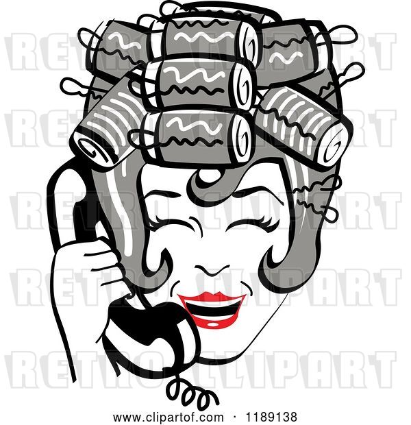 Vector Clip Art of Retro Happy Gray Haired Housewife with Her Hair up in Curlers, Laughing While Talking on a Landline Telephone