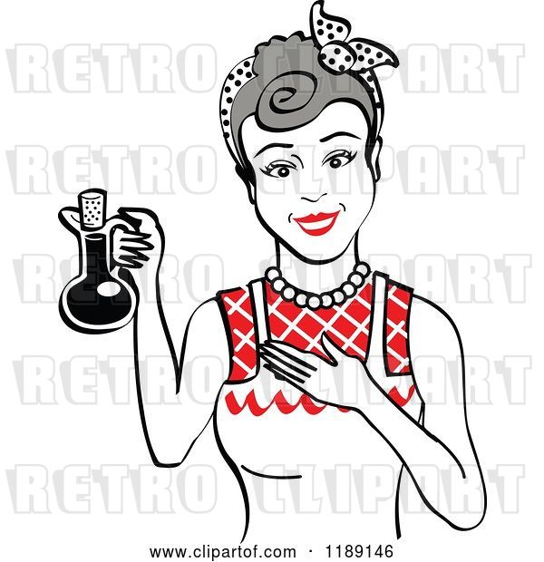 Vector Clip Art of Retro Happy Gray Haired Lady in an Apron, Holding up a Bottle of Cooking Oil 2