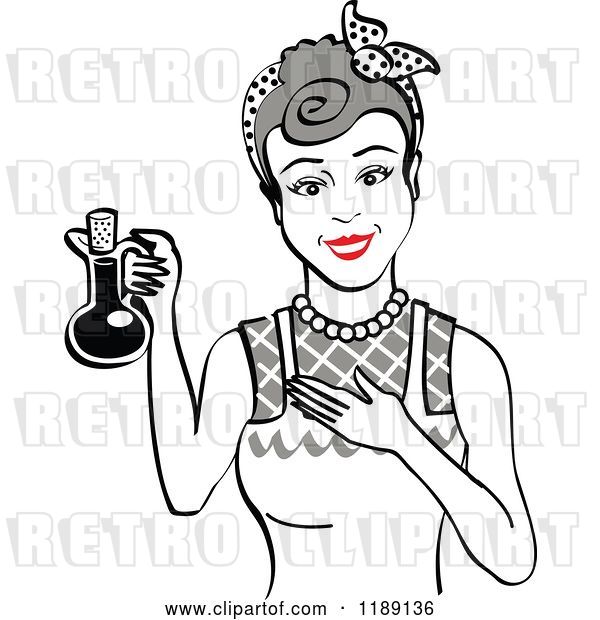Vector Clip Art of Retro Happy Gray Haired Lady in an Apron, Holding up a Bottle of Cooking Oil