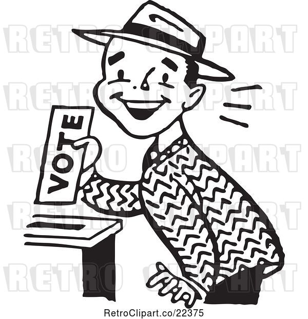Vector Clip Art of Retro Happy Guy Casting His Vote