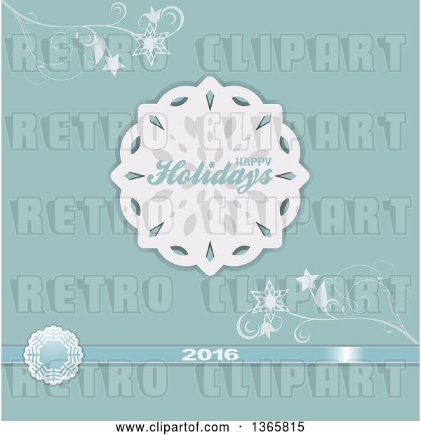 Vector Clip Art of Retro Happy Holidays 2016 Greeting with a Paper Snowflake, Ribbon and Flourishes on Pastel Blue