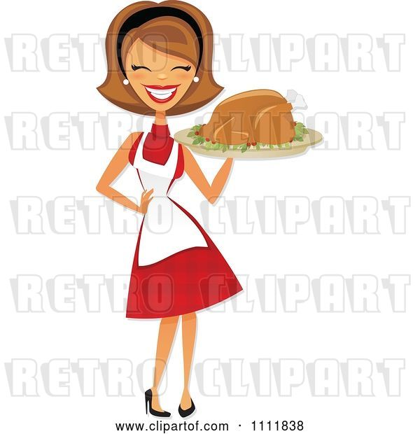 Vector Clip Art of Retro Happy Lady Carrying a Roasted Thanksgiving or Christmas Turkey on a Platter