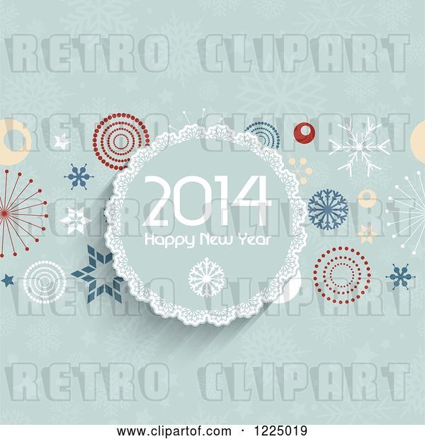 Vector Clip Art of Retro Happy New Year 2014 Greeting Circle over Green Snowflakes and Circles