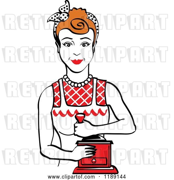 Vector Clip Art of Retro Happy Red Haired Housewife Using a Manual Coffee Grinder 2