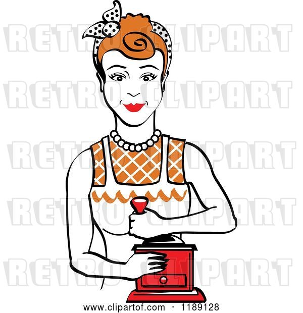 Vector Clip Art of Retro Happy Red Haired Housewife Using a Manual Coffee Grinder