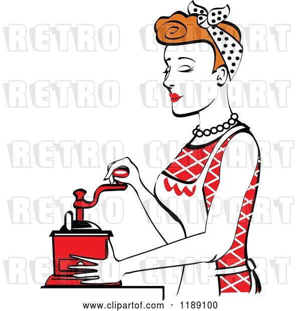 Vector Clip Art of Retro Happy Red Haired Housewife Using a Manual Coffee Grinder in Profile 2