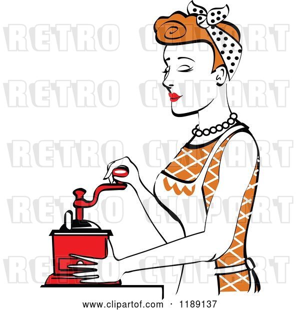 Vector Clip Art of Retro Happy Red Haired Housewife Using a Manual Coffee Grinder in Profile