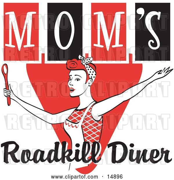Vector Clip Art of Retro Happy Red Haired Lady in an Apron, Her Hair up in a Scarf, Singing and Dancing with a Spoon on a Red and Black Sign for Mom's Roadkill Diner