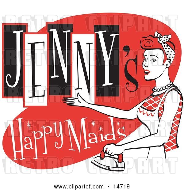 Vector Clip Art of Retro Happy Redhaired Lady in an Apron, Ironing Clothes on a Jenny's Happy Maids Advertisement