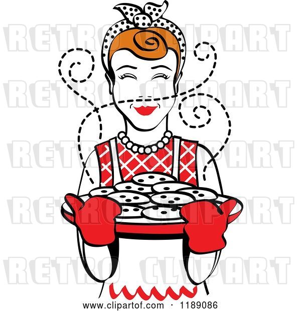 Vector Clip Art of Retro Happy Redhead Housewife Holding Freshly Baked Cookies 2