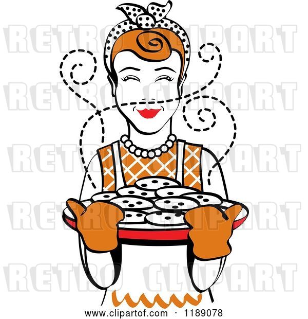 Vector Clip Art of Retro Happy Redhead Housewife Holding Freshly Baked Cookies