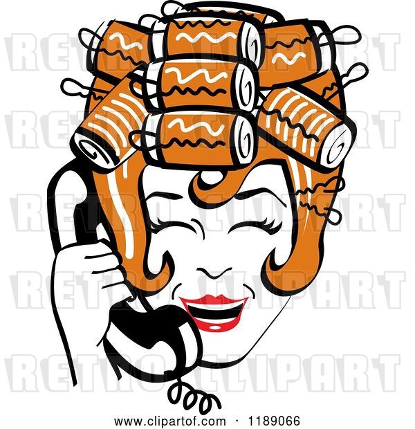 Vector Clip Art of Retro Happy Redhead Housewife with Her Hair up in Curlers, Laughing While Talking on a Landline Telephone
