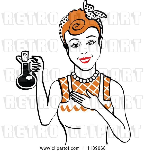 Vector Clip Art of Retro Happy Redhead Lady in an Apron, Holding up a Bottle of Cooking Oil