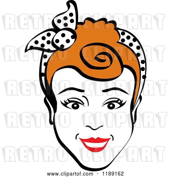 Vector Clip Art of Retro Happy Redhead Lady Smiling and Wearing a Scarf in Her Hair