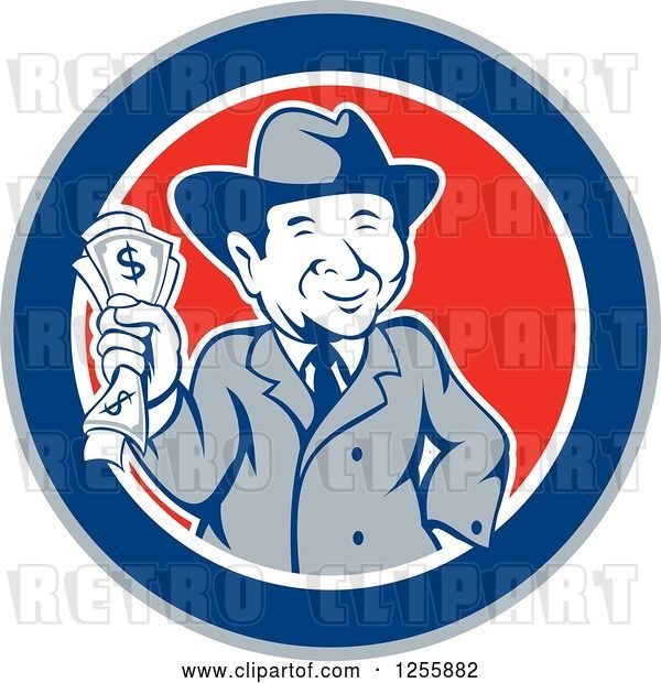 Vector Clip Art of Retro Happy Rich Guy Holding Cash Money in a Circle