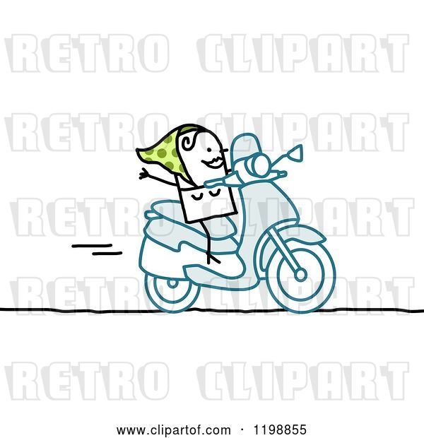 Vector Clip Art of Retro Happy Stick Lady on a Scooter