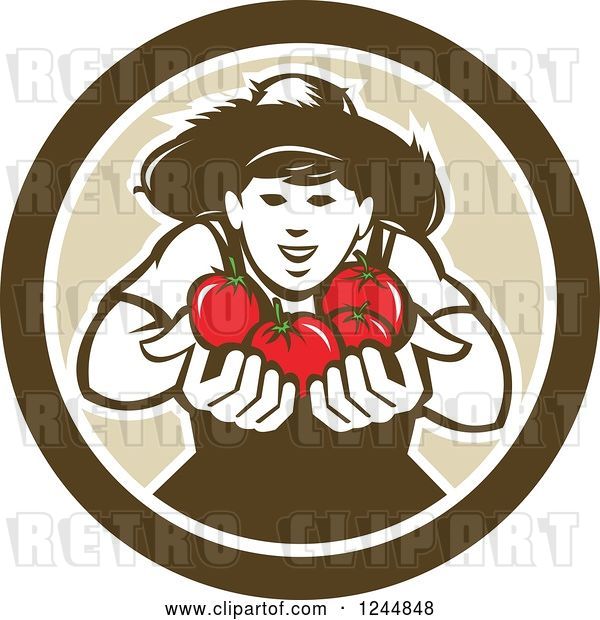 Vector Clip Art of Retro Happy Tomato Farmer Holding Tomatoes in a Circle
