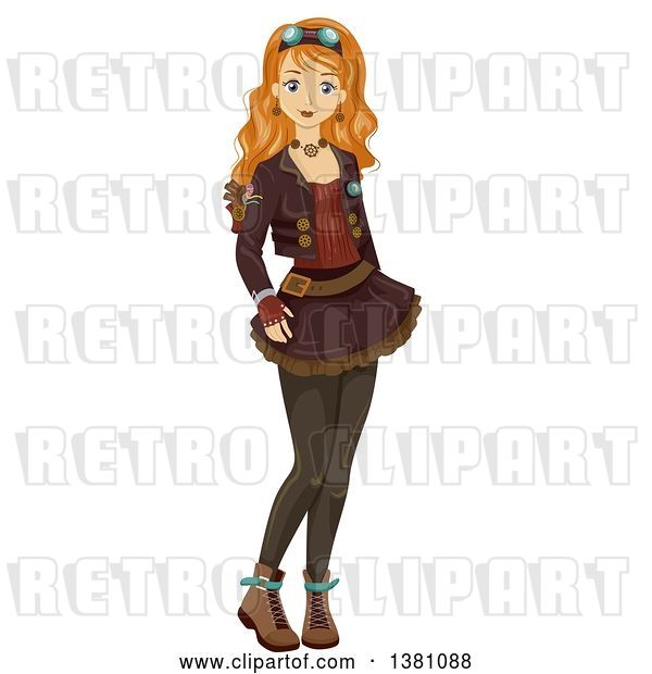 Vector Clip Art of Retro Happy White Teenage Girl in Steampunk Clothing
