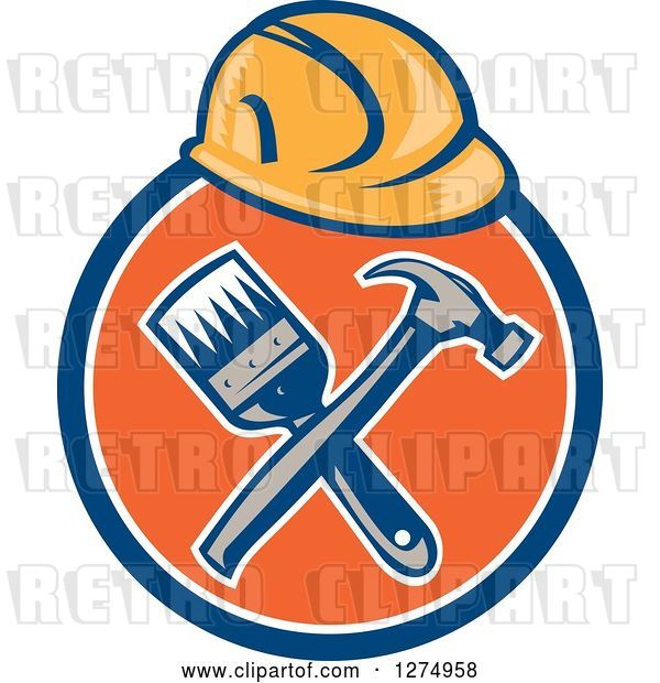 Vector Clip Art of Retro Hardhat over a Crossed Hammer and Paintbrush in a Blue White and Orange Circle
