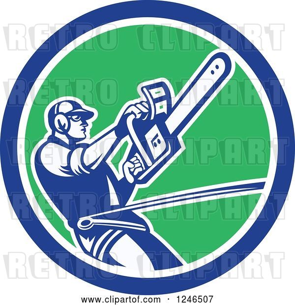 Vector Clip Art of Retro Harnessed Male Arborist Operating a Chainsaw in a Circle
