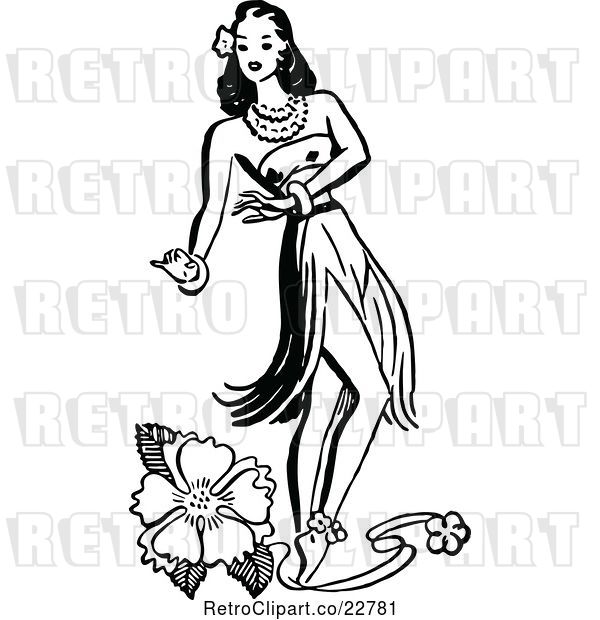 Vector Clip Art of Retro Hawaiian Hula Girl Dancer and a Hibiscus Flower