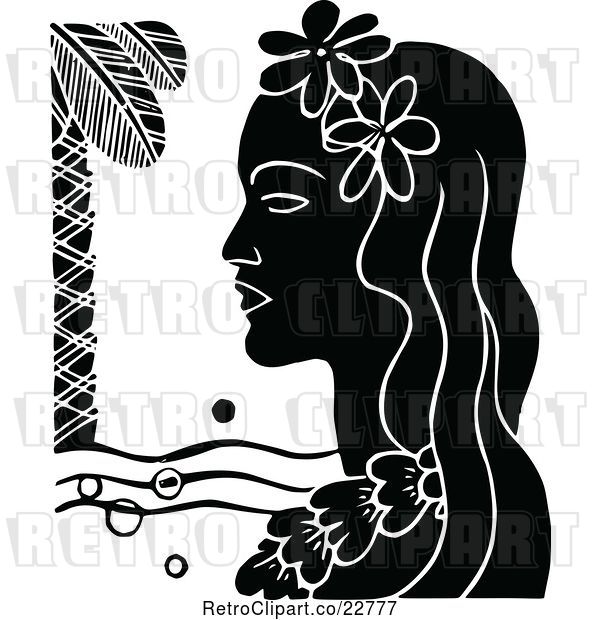 Vector Clip Art of Retro Hawaiian Lady with a Floral Lei and Palm Tree