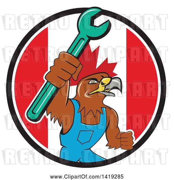 Vector Clip Art of Retro Hawk Mechanic Guy Wearing Overalls and Holding up a Spanner Wrench in a Canadian Flag Circle